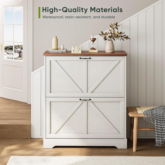Smart FENDEE Shoe Cabinet, Shoe Storage Cabinet for Entryway with 2 Flip Drawers, Narrow Farmhouse Shoe Organizer Cabinet, Slim Shoe Rack Cabinet, White