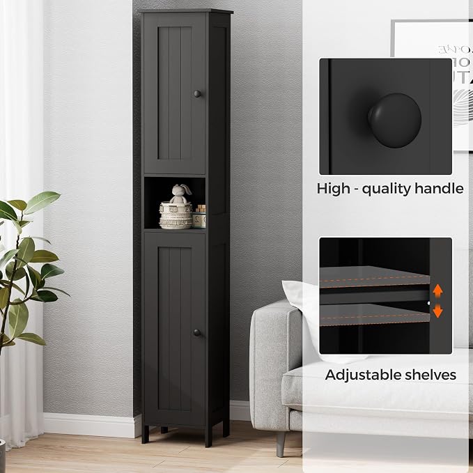 Homleke Tall Bathroom Storage Cabinet with 2 Doors, Slim Bathroom Cabinet | Narrow Storage Cabinet with Adjustable Shelves, Anti-Tip Design, Reversible Door, Easy Assembly, Black, 11.8''W