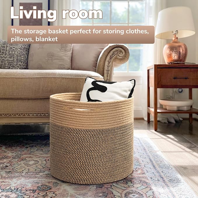 Goodpick Wicker Basket for Blankets, Baby Toy Storage Basket, 45L | 15.8 x 15.8 x 13.8 In Baby Storage Basket for Nursery, Blanket Basket for Living Room, Laundry Basket for Towels, Jute