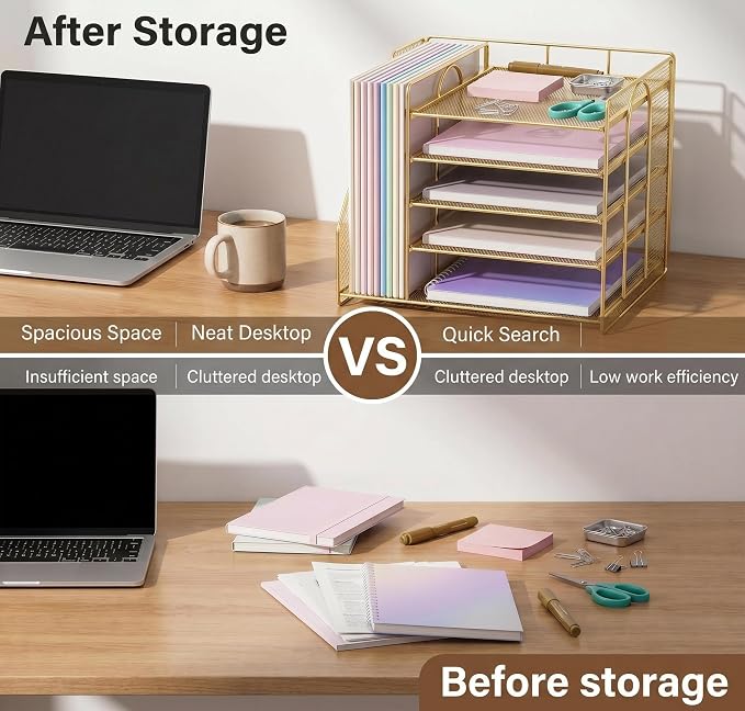 OPNICE 5-Tier Desktop File Paper Organizer, Desk Organizers and Accessories, Office Desk Accessories & Workspace Organizers for Home Office Supplies, Gold