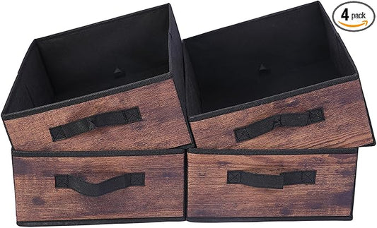 JAKAGO Fabric Storage Bins set of 4 Rectangle Storage Baskets with Handle Foldable Closet Organizer for Clothes Towel bedding Books Collapsible Clothing Container for Shelves Bedroom(Wood Low)