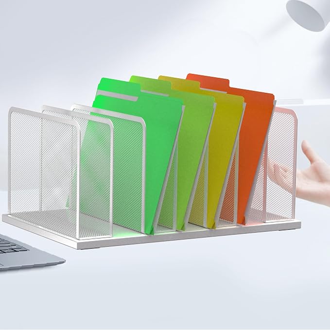 Kuntine.B 7-Section Upright Desk File Organizer Silver 1 Pack | Vertical, Mesh, Metal, Assembly, Stability, Sturdiness, Organization, Standing