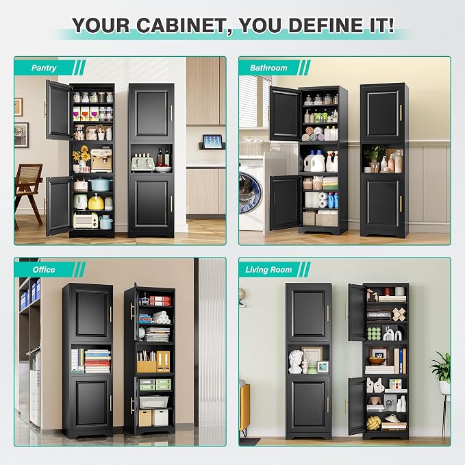 SISESOL 67" Tall Narrow Storage Cabinet with 2 Door and 7 Shelves,Slim Kitchen Pantry Cabinet,Black Metal Bathroom Cabinets,Large Cupboard for Home,Kitchen,Laundry,Bathroom