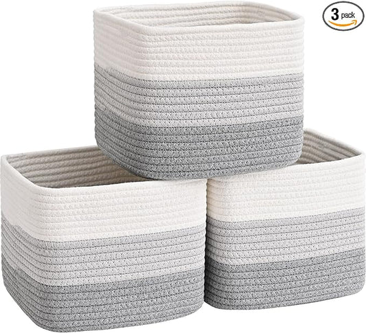 3 Pack Cube Storage Bin, 9”x9”x7” Cotton Rope Woven Baskets for Organizing Toys Clothes Towels, Square Gift Storage Baskets for Shelves, Nursery, Closet, Bathroom, Pantry (Gradient Grey)
