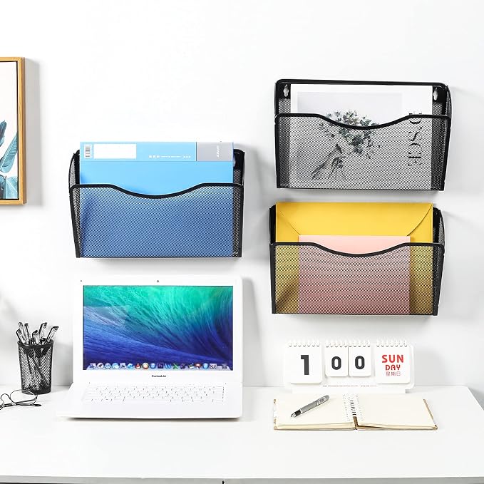 6 Pockets Wall File Organizer Metal Mesh Hanging Document Paper Holder Wall Mount Magazine Rack for Business Home Office Classroom, Black
