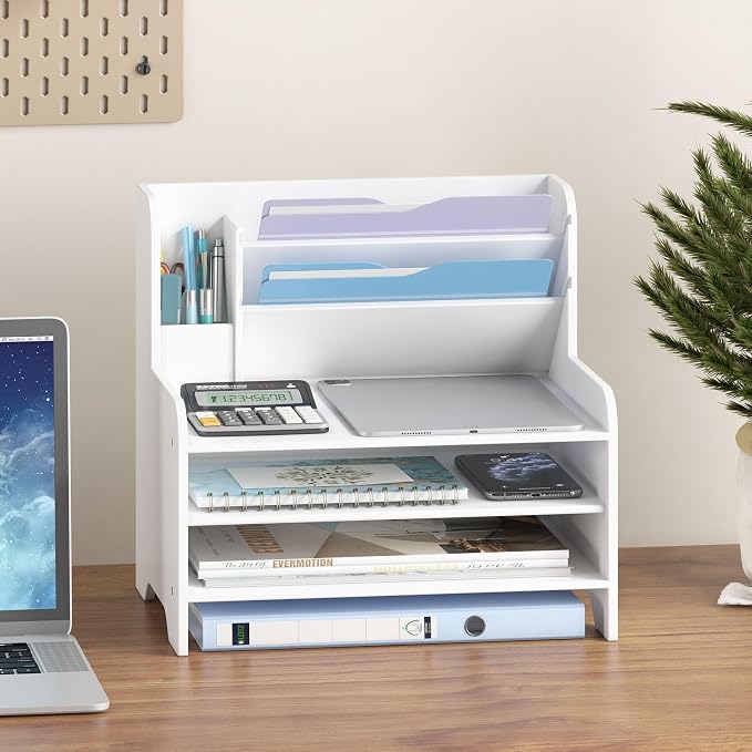 Bamboo File Organizer for Desk, Paper Tray with Pen Holder-White | Open tiers and a pen holder sort Letter/A4 paper, folders and office supplies while keeping your workspace clutter-free
