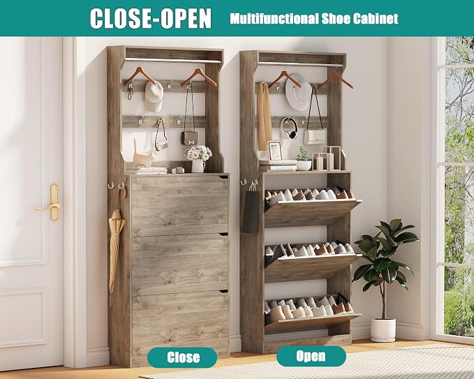 Shoe Cabinet for Entryway with 3 Flip Drawers, Grey Tall Wood Shoe Storage Cabinet with Coat Rack, Narrow Hidden Slim Freestanding Shoe Rack Organizer, 2 in 1 Hall Tree for Living Room, Hallway