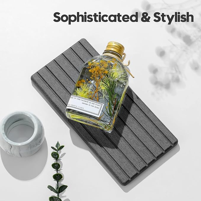 2PCS Diatomite Water Absorbing Stone Drying Tray Mat for Bathroom & Kitchen Counter, Instant Dry Drink Bar Coaster, Vanity Sink Caddy Organizer, Dish Soap Sponge Holder, Dark Gray, 8"x3.8"