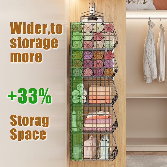 Capacity Upgrade Edition Deeper 4'' 5 Tier Foldable Hanging Closet Organizer and Storage，Wire Cabinet Shelves and Rack with 5 S Hooks,Stackable Metal Basket Bins for Clothes Shoe Purse,Black