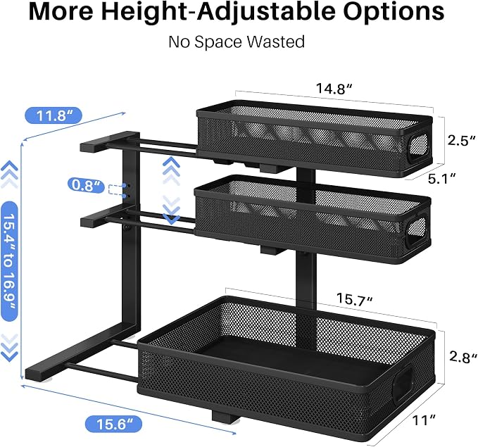 Under Sink Organizer, 3-Tier Thickened Metal Pull out Cabinet Organizer Shelf, Height Adjustable Slide out Storage Drawer Rack for Kitchen Bathroom Pantry Laundry Home Organization, 2-Pack, Black | 35% More Storage Capacity, Carbon Steel, Hold Up 55lbs...