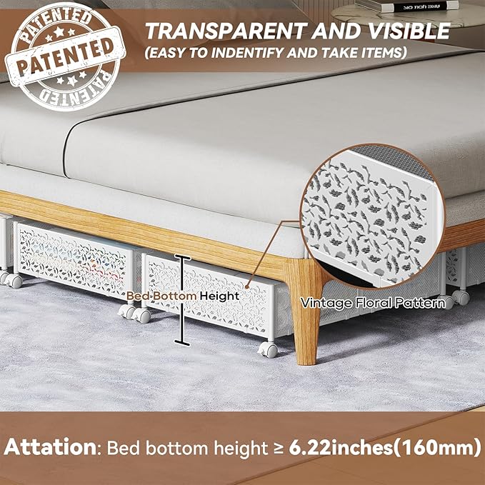 PHINOX Under Bed Storage with Wheels,Patterned,Sturdy Metal,4 Pack,White | Tool-free assembly, glide smoothly, easy reach, foldable, maxmazie low-profile beds, dorm, keep seasonal clothes, shoes fresh