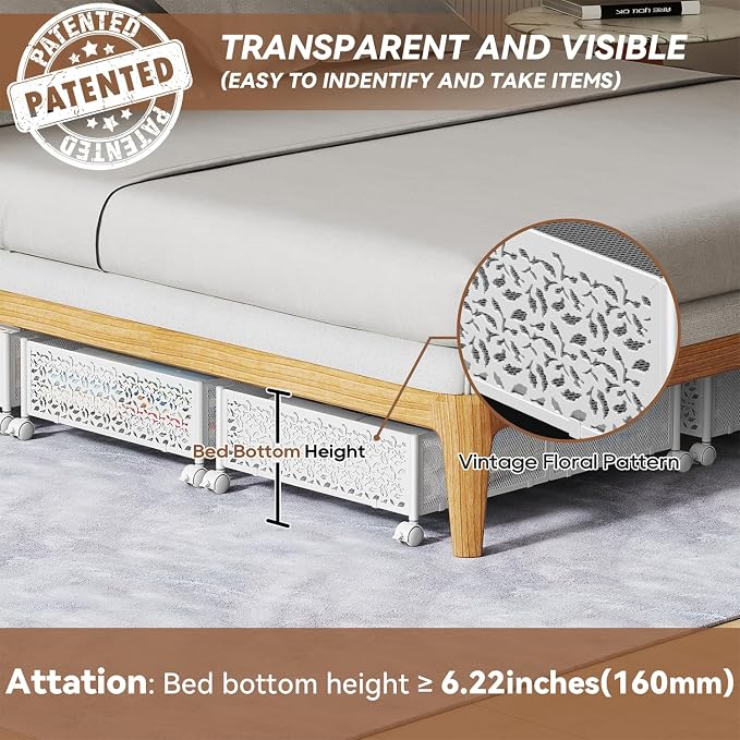 PHINOX Under Bed Storage Container with Wheels,Patterned,Metal,2 Pack,White | Tool-free assembly, glide smoothly, easy reach, foldable, maxmazie low-profile beds, dorm, keep seasonal clothes, shoes fresh