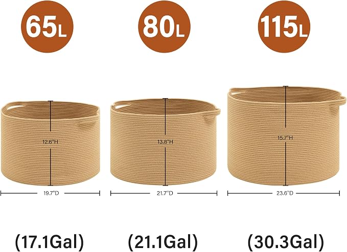 Foldable Laundry Hamper Basket with Collapsible Handle Cotton Rope Soft Woven Fabric Storage Organizer Clothes Toys Nursery Bedroom Dorm Space Saving Bin (Camel, 65L(19.7"D x 12.6"H))