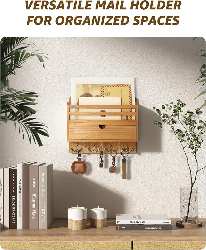 Rebee Vision Mail Organizer Wall Mount with Drawer for Entryway,Light Brown | Key and Mail Holder for Wall, 7 Key Hooks, Drawer Organizer, Mail Organizer, Key Hanger, Farmhouse Aesthetic Home Decor