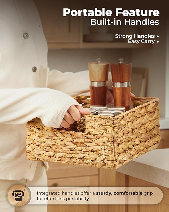 BLUEWEST Water Hyacinth Storage Baskets (Set of 6) – Woven Hyacinth Organizer with Carrying Handles, Laundry Basket for Organizing, Rattan Bin for Shelves