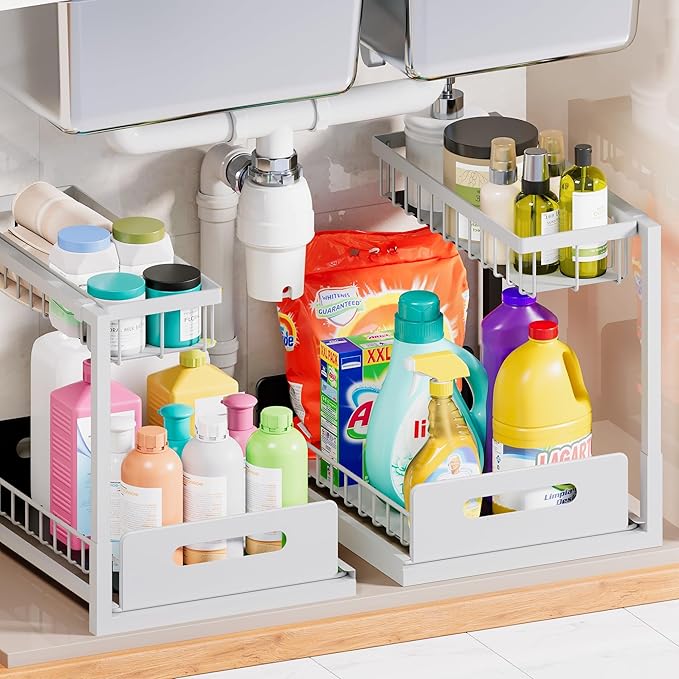 Under Sink Organizer and Storage 2 Pack, Slide Out Cabinet Organizer, Pull Out Sink Shelf for Kitchen Bathroom Laundry, White