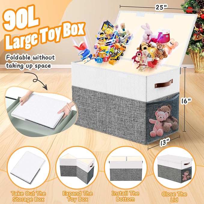 Large Toy Storage Box with Lid & Dividers, Kids Toy Chest, Gray and White | Toy Box for Boys, Girls, Nursery, Bedroom, Living Room, Playroom, 25 x 13 x 16 inches