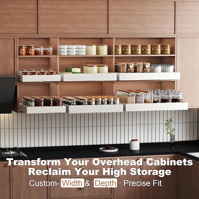 Fokyfok Pull out Cabinet Organizer,Width (11"-18") and Depth (10"-13") Expandable,No Drill Adjustable Slide out Drawers for Pantry,Adhesive Roll out Shelves Short,for upper cabinet,White