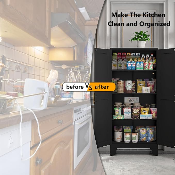 PAOFIN Metal Kitchen Pantry Storage Cabinet | 61" Freestanding Cupboard with 3 Adjustable Shelves for Kitchen, Living Room and Dining Room (Black)