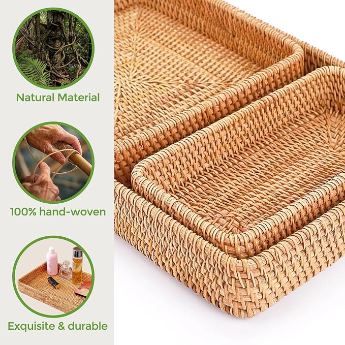 Rattan Serving Tray,Rectangle Wicker Storage Basket Set of 3 for Organizing | Natural Rattan, Decorative Serving Woven Trays Wicker Baskets for Storage, Home Decor, Bathroom, Kitchen Counter