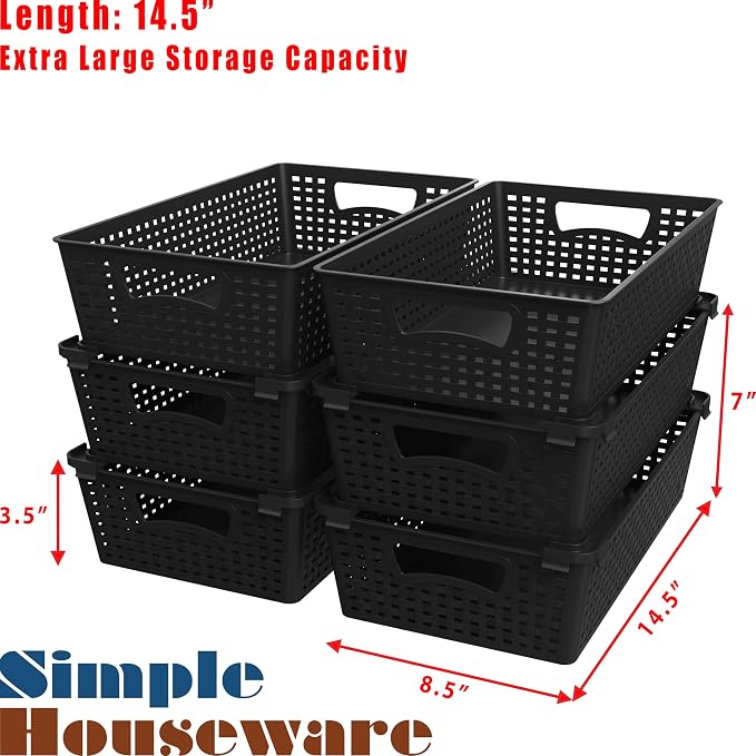 Simple Houseware Stackable Plastic Woven Basket Organizer, 6 Pack, Black | 14.5" D x 8.5" W x 3.5" H