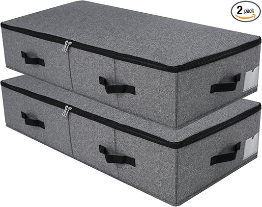 Under Bed Storage Bins with Lids, Closet Organizers, Foldable Under-bed Storage Baskets for Sheets, Clothes, Quilts, Sweaters, Wrapping Paper, 35x16.5x7inch, Black Gray, 2PCS