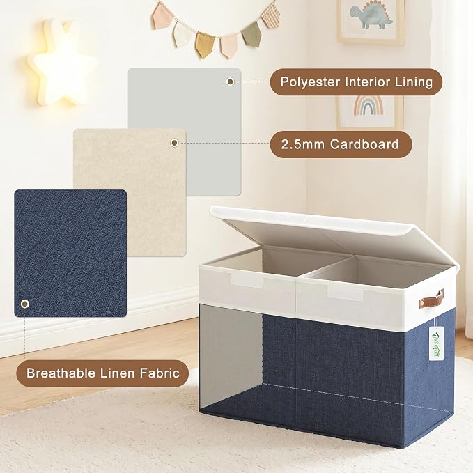 Bagnizer Large Toy Storage Box with Lids, Collapsible Sturdy Baby Storage Organizer Chest Bin Basket for Kids, Boys, Girls, Playroom, Nursery, Bedroom, Closet 25"x13"x16" (Navy Blue and White)