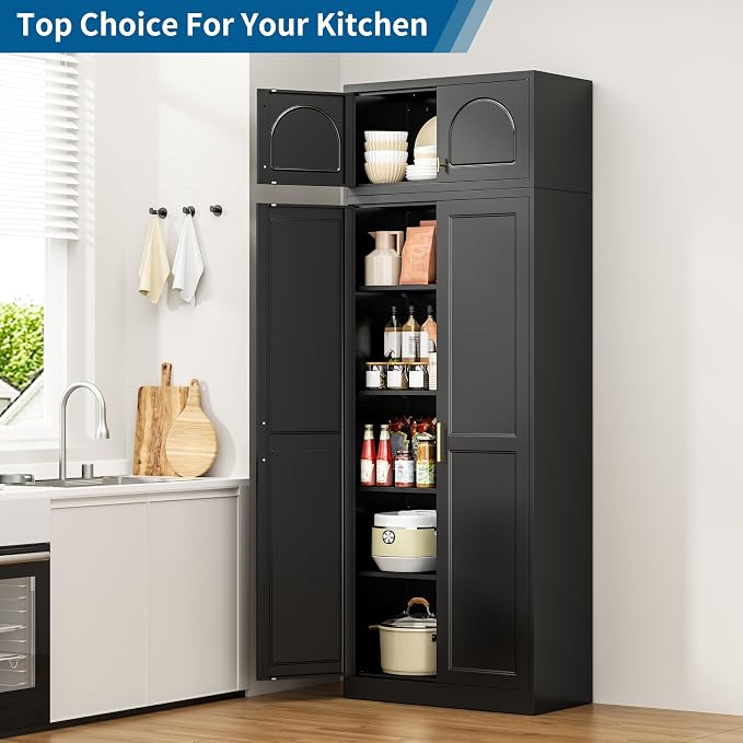 86" Tall Metal Kitchen Pantry Storage Cabinet with Doors | Extra Large Heavy Duty Steel Cabinet, 4 Adjustable Shelves, Easy-Access Gold Handles, Black, 2 Packages, Home Office