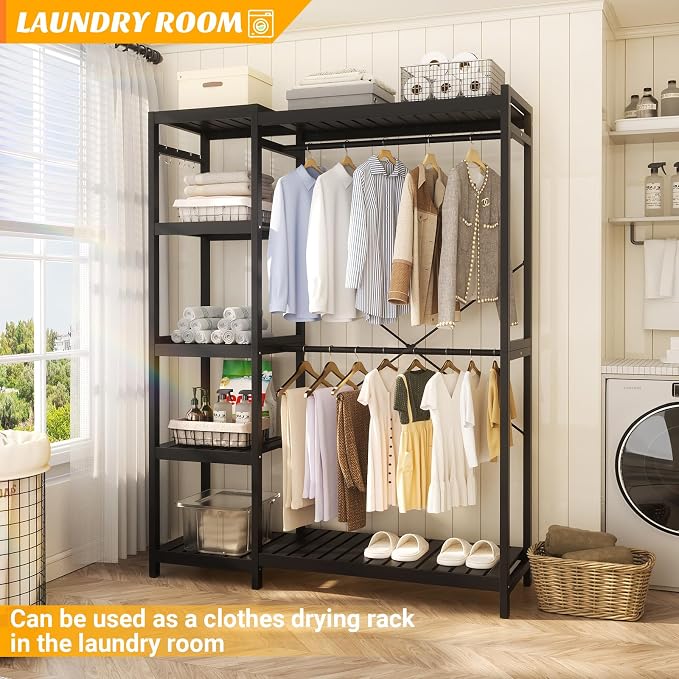 Bamboo Clothes Rack Garment Rack for Hanging Clothes, Heavy Duty Clothing Rack with 7 Tiers Adjustable Shelves, Double Rods, 4 Hooks, Freestanding Closet System Organizer Wardrobe, Black