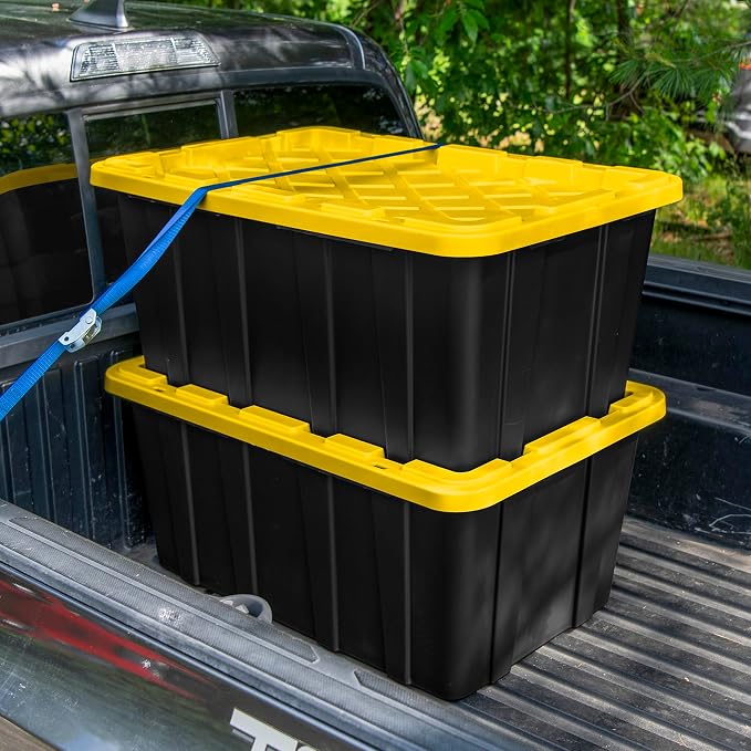 Sterilite 4-Pack Industrial Tote, Plastic Storage Container Bins with Lids, 38 Gallon - Heavy-Duty Organizing Containers for Closet, Bathroom, and Office | Heavy-Duty and Stackable Utility Box Containers for Home, Office, and Basement Organization, Bla...