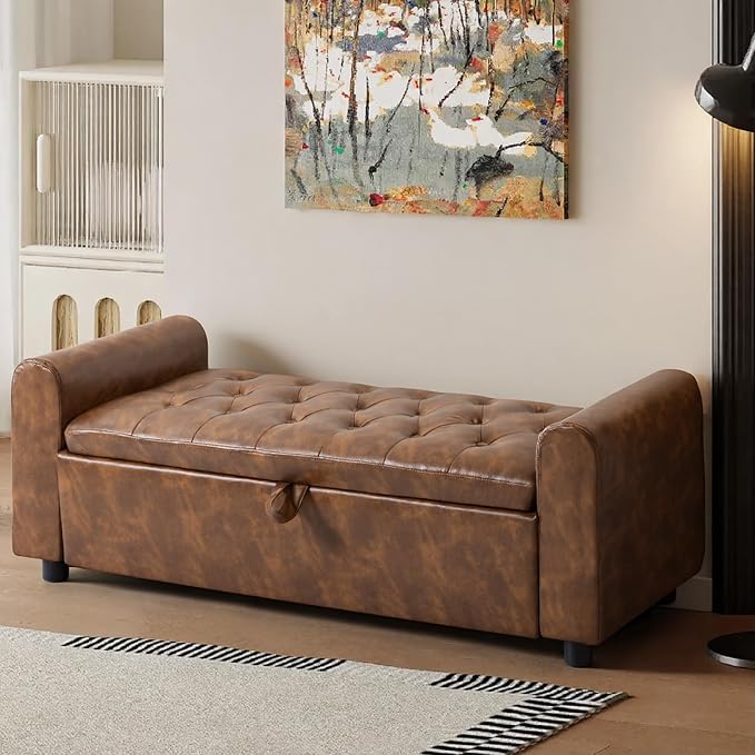48" Ottoman with Storage, Tufted Storage Ottoman Bench, Convenient Living Room Fabrics Bench Seat, Entryway Shoe Benches with Inner Zipper & Arm, Rivetless Upholstered Window Seat Ottomans, Brown