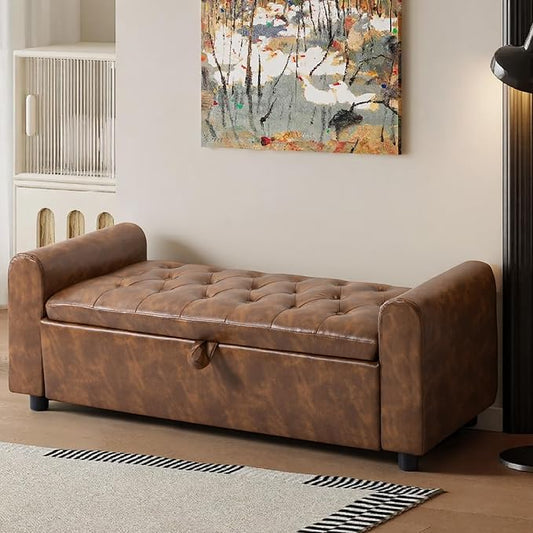 48" Ottoman with Storage, Tufted Storage Ottoman Bench, Convenient Living Room Fabrics Bench Seat, Entryway Shoe Benches with Inner Zipper & Arm, Rivetless Upholstered Window Seat Ottomans, Brown