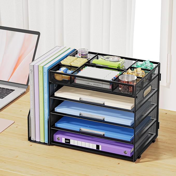Marbrasse 5-Tier Desk Organizer with File Holder,Paper Letter Tray, Black | Desktop File Organizer with Adjustable Compartments,Mesh Desk Organizers and Accessories for Office Supplies