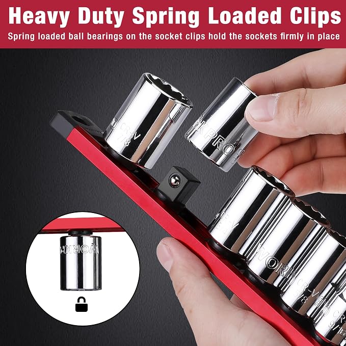 WORKPRO Magnetic Socket Organizer, Heavy Duty 1/2-Inch Drive Socket Rail | 1 Piece Socket Holder with 10 Spots, Aluminum Alloy, Rotatable & Movable Clips, Efficient Organization