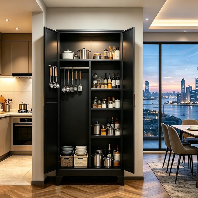 71" H Tall Pantry Cabinet with Doors,Kitchen Pantry Cabinet,Black Metal Storage Cabinets,Garage Storage Cabinet,Food Storage Cabinet with Doors and Shelves