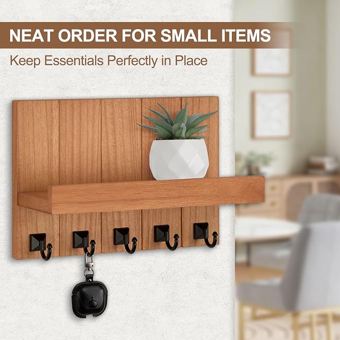 Key Holder for Wall, Decorative Key Holder with Shelf, Key and Mail Holder Wall Mount, Farmhouse Decor with 5 Key Hooks for Keys, Coats, ect.