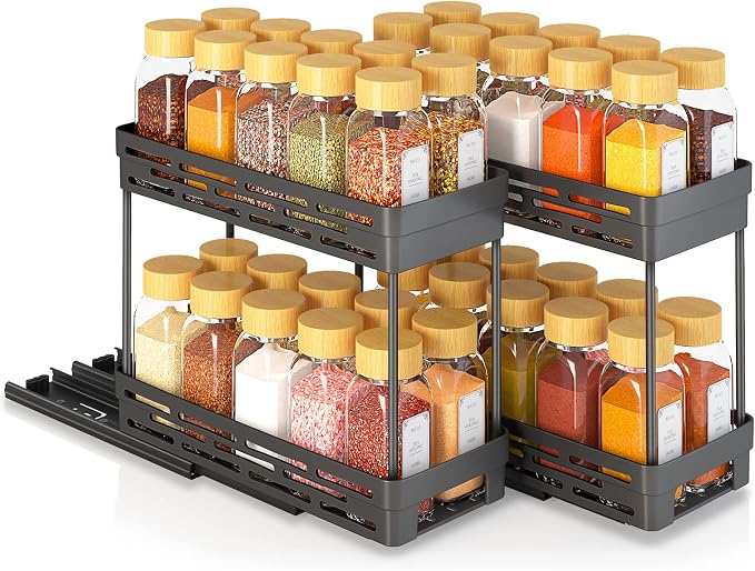2 Pack Pull Out Spice Rack Organizer for Cabinet, Slide Out Spice Racks Organizer, Spice Cabinet Organizers, Cabinet Size Need:12'' Highx11'' Deepx5'' Wide,Hold 10 Spice Jar Each Tier-2Tier, Black