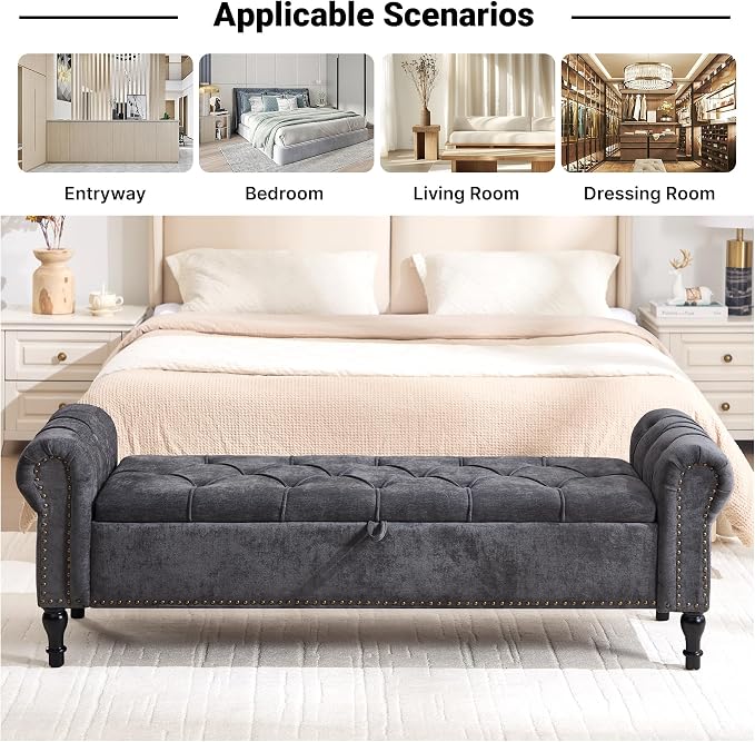 Storage Bed Bench for Bedroom, Chenille 67" End of Bed King Size Benches with Armrest, Tufted Button Upholstered Ottoman Bench for Living Room, Entryway, Dark Grey