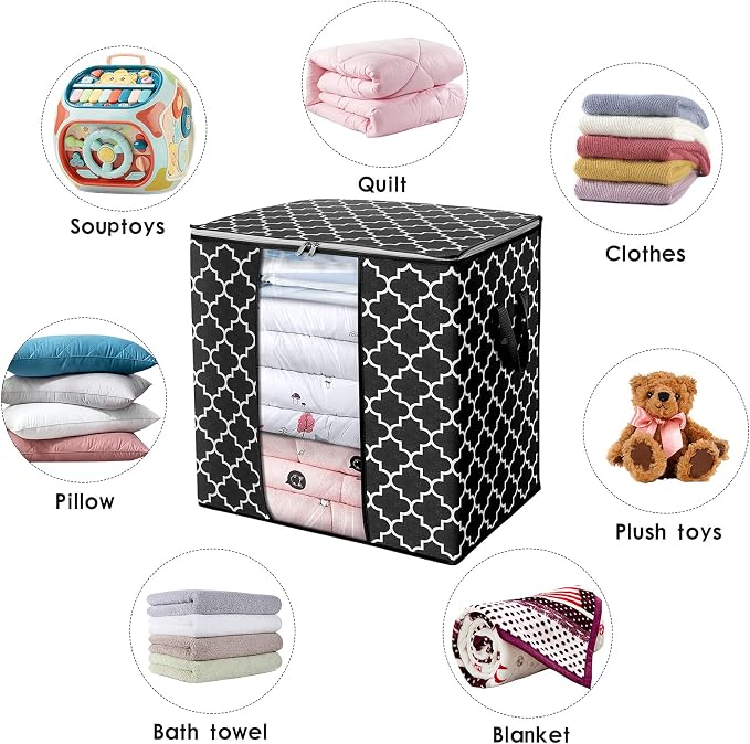 WISELIFE Storage Bags 6 Pack/100L Large Blanket Clothes Organization and Storage Containers for Comforters,Bedding, Foldable Organizer with Reinforced Handle, Clear Window, Sturdy Zippers,Black