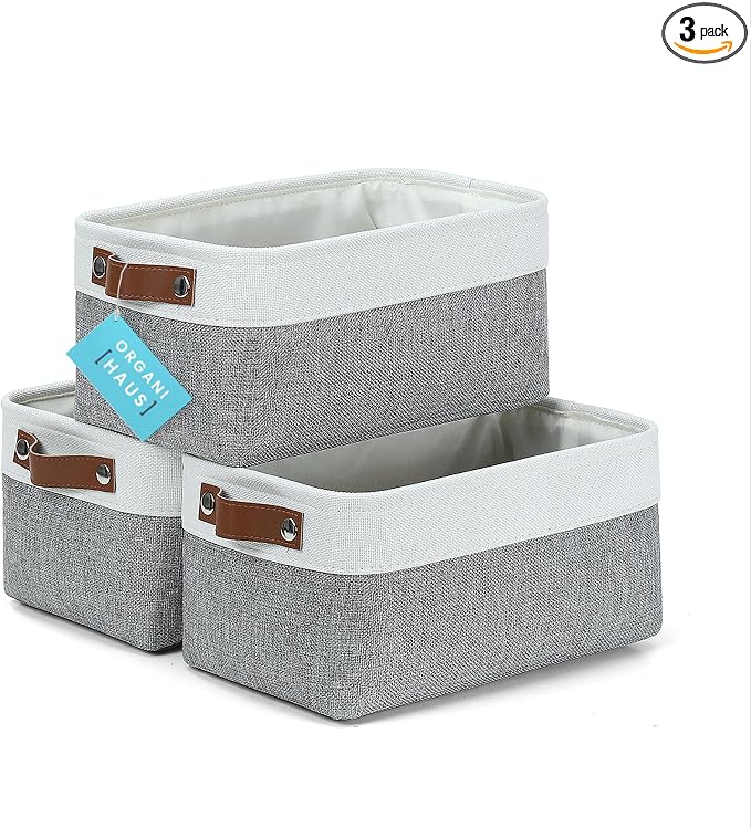 OrganiHaus 12x8in Canvas Storage Baskets, 3 Pack - Fabric Bins for Shelves | Vegan leather handles; a decorative pantry and office organizer, container for desk and books