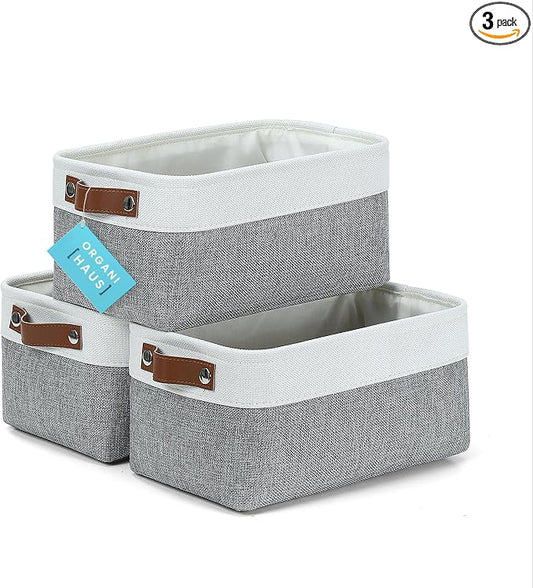 OrganiHaus 12x8in Canvas Storage Baskets, 3 Pack - Fabric Bins for Shelves | Vegan leather handles; a decorative pantry and office organizer, container for desk and books