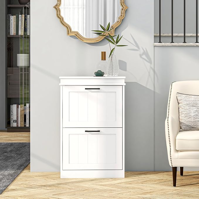HOMCOM Narrow Shoe Cabinet with 2 Flip Drawers, Modern, for Entryway, White | Freestanding Small Shoe Storage Cabinet, Adjustable Shelves, Hallway