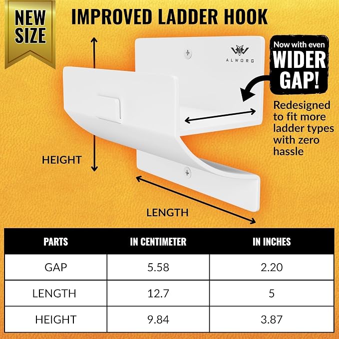 Ladder Hangers for Garage Wall - White Set of 2 Wall Mount Step Ladder Hook | Heavy Duty Brackets, Versatile Utility Tool Holder, Practical Space-saving Garage Storage Solution, Easy to Install