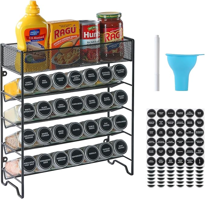 Skiileor Spice Rack Organizer with 28 Empty Spice Jars,Spice Labels,Chalk pen and Funnel Complete Set,Space-Saving for Countertop, Cabinet or Wall Mount