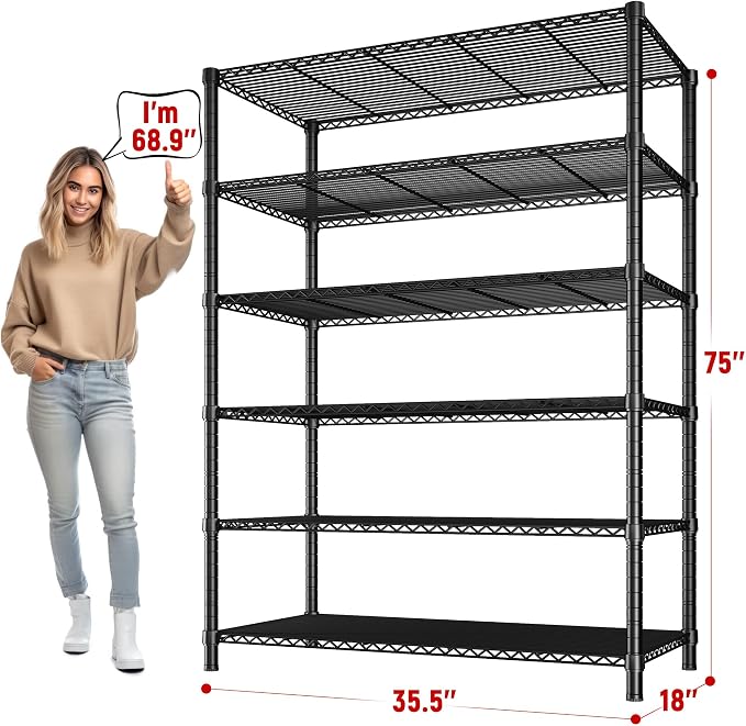 REIBII 75''H 6 Tier Wire Shelving,1800LBS Storage Shelves,Kitchen,Pantry | 19.1mm diameter rods, 300 lbs/shelf, adjustable shelf height with leveling feet, tool-free setup, fits garage/basement
