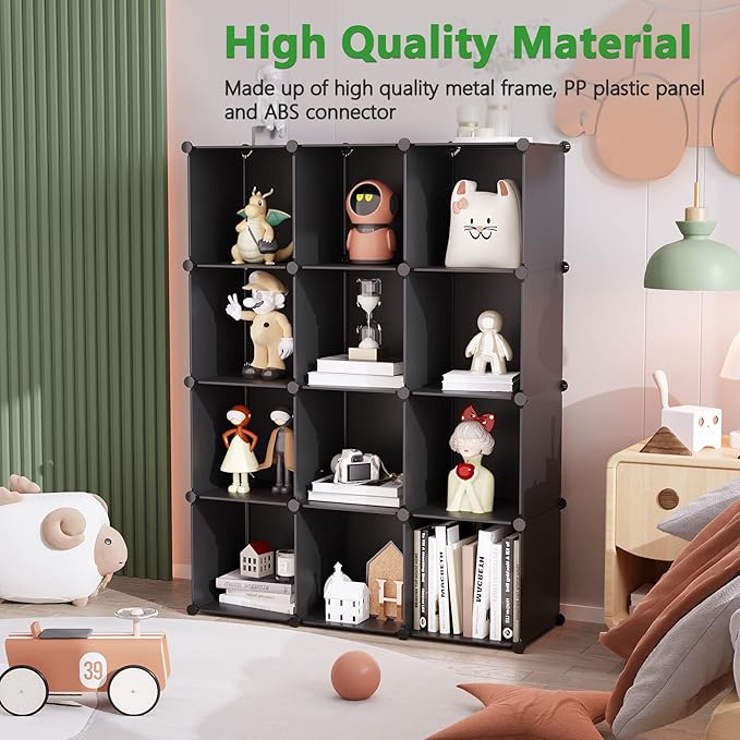 C&AHOME Cube Storage Organizer, 12-Cube Shelf Units, Closet Cabinet Black | DIY Plastic Modular Bookshelf, Stackable Clothes Organizer Shelving Ideal for Home, Bedroom, 36.6" L x 12.4" W x 48.4" H