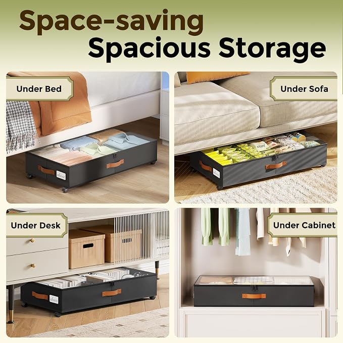 LAMU Under Bed Storage with Wheels, 2 Pack Under Bed Storage Containers with Clear Lids & Label, Rolling Under Bed Drawers for Clothes, Shoes, Blankets, Black
