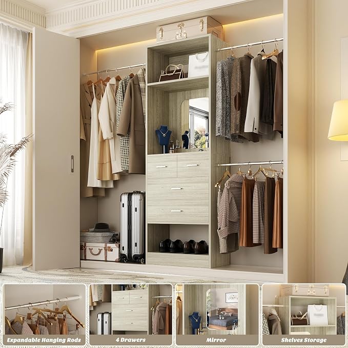Unikito 8FT Closet System with Mirror and 3 Extendable Hanging Rods | 96 Inch Walk-in Closet Organizer with 25" Tower, 4 Wood Drawers, Customizable and Sturdy Closet Insert, White Oak