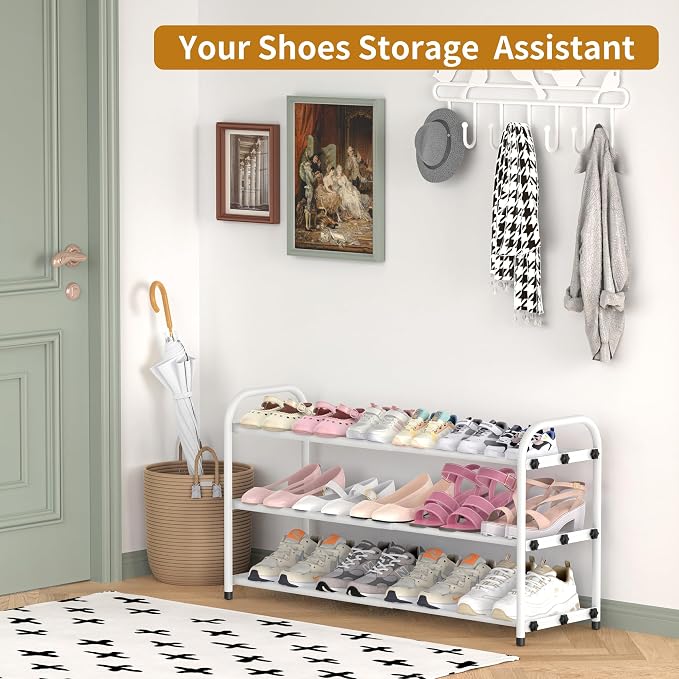 Hleelomi 3-Tier Metal Expandable Shoe Rack for Closet and Entryway, White | Adjustable Shoe Organizer for Closet,Living Room,Dorm,Garage,Fits Small Spaces, Apartments and Rentals