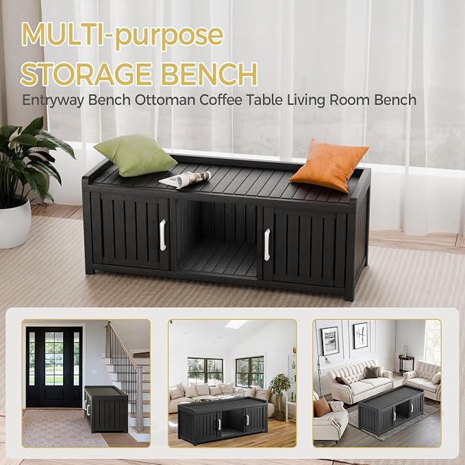 Storage Bench - Waterproof Resin Shoe Bench with Adjustable Shelves - Indoor & Outdoor Use, 2 Doors Entryway Bench with Hidden Storage Space - Storage Cabinet for Bedroom, Hallway, Black